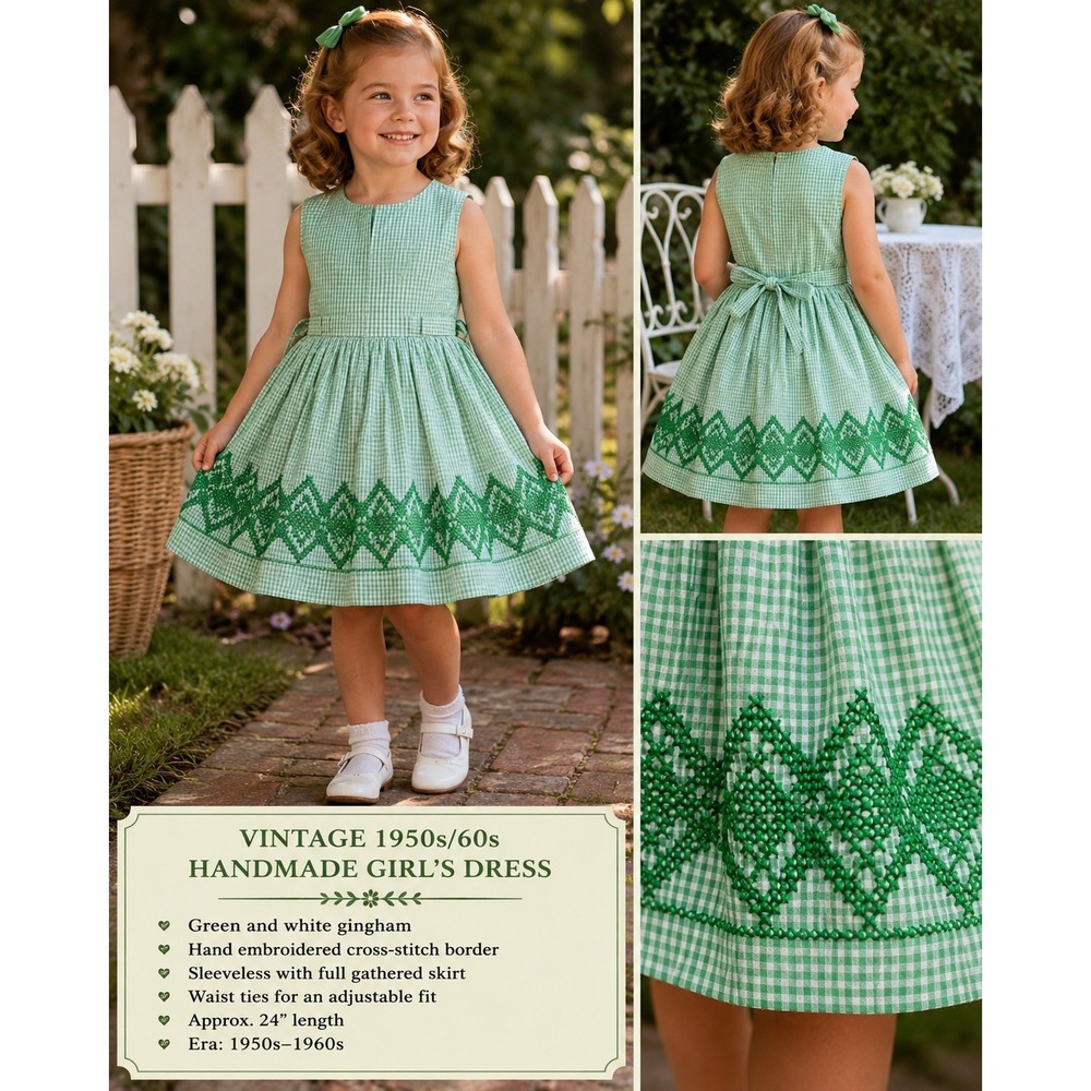 Handmade Vintage 1950s 60s Girls Green Gingham Hand Embroidered Dress 4T